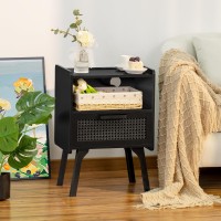 Lerliuo Rattan Nightstands Set Of 2 With Charging Station Boho Side Table With Drawer Open Shelf Cane Accent Bedside End Table