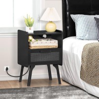 Lerliuo Rattan Nightstands Set Of 2 With Charging Station Boho Side Table With Drawer Open Shelf Cane Accent Bedside End Table