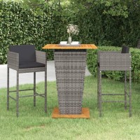Vidaxl 3 Piece Patio Bar Set With Cushions - Weather-Resistant Poly Rattan Outdoor Furniture - Gray Bar Table And Stools With Solid Acacia Wooden Tabletop