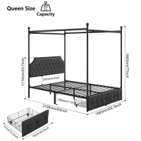 Keyluv Queen Upholstered Canopy Bed Frame With 2 Drawer And Button Tufted Headboard Metal Platform Bed With 4 Removable Posts Tw