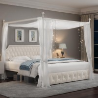 Keyluv King Upholstered Canopy Bed Frame With 3 Drawers And Button Tufted Headboard Metal Platform Bed With 4 Removable Posts