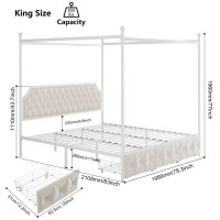 Keyluv King Upholstered Canopy Bed Frame With 3 Drawers And Button Tufted Headboard Metal Platform Bed With 4 Removable Posts