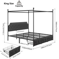 Keyluv King Upholstered Canopy Bed Frame With 3 Drawers And Button Tufted Headboard Metal Platform Bed With 4 Removable Posts Tw