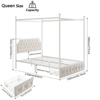 Keyluv Queen Upholstered Canopy Bed Frame With 2 Drawers And Button Tufted Headboard Metal Platform Bed With 4 Removable Posts