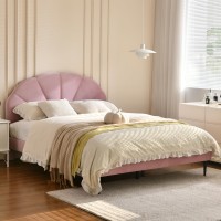 Velocava Pink Bed Frame Queen Size, Heavy Duty Upholstered Bed With Unique Headboard, Soft Velvet Platform Bed With Strong Wooden Slats Support, No Box Spring Needed, Easy To Assemble