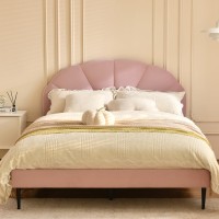 Velocava Pink Bed Frame Queen Size, Heavy Duty Upholstered Bed With Unique Headboard, Soft Velvet Platform Bed With Strong Wooden Slats Support, No Box Spring Needed, Easy To Assemble