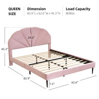 Velocava Pink Bed Frame Queen Size, Heavy Duty Upholstered Bed With Unique Headboard, Soft Velvet Platform Bed With Strong Wooden Slats Support, No Box Spring Needed, Easy To Assemble