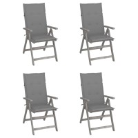 Vidaxl Set Of 4 Patio Reclining Chairs With Cushions, Outdoor Dining & Lounge Armchairs, Adjustable Backrest, Gray Solid Acacia Wood, Weather-Resistant, Easy Maintenance.
