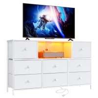 Lyncohome White Dresser With Power Outlets And Led Lights 43 W Dresser Tv Stand With 8 Drawers Fabric Chest Of Drawers For B