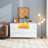 Lyncohome White Dresser With Power Outlets And Led Lights 43 W Dresser Tv Stand With 8 Drawers Fabric Chest Of Drawers For B