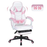 Elecwish Pink Gaming Chair With Massager, Computer Gaming Chairs With Footrest For Adults Pu Leather High Back Racing Style Gamer Chairs Widen Thicken Seat And Lumbar Support (Pink)