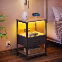 Seventable Nightstand With Charging Station, Led Bedside Table With Adjustable Fabric Drawer, Night Stand With Storage, 3-Tier Bed Side Table, End Table For Bedroom, Living Room, Greige
