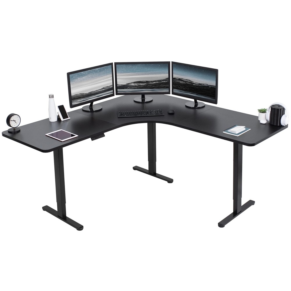 Vivo Electric Height Adjustable 71 X 71 Inch Curved Corner Stand Up Desk, Dark Gray Table Top, White Frame, Memory Controller, L-Shaped Workstation, E3C Series, Desk-Kit-E3Cwg