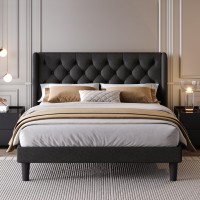 Sha Cerlin Queen Size Platform Bed Frame With Upholstered Headboard And Wingback, Button Tufted Design, Easy Assembly, Black