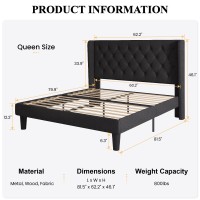 Sha Cerlin Queen Size Platform Bed Frame With Upholstered Headboard And Wingback, Button Tufted Design, Easy Assembly, Black