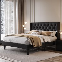 Sha Cerlin Queen Size Platform Bed Frame With Upholstered Headboard And Wingback, Button Tufted Design, Easy Assembly, Black