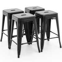 Vogue Furniture Direct 24 Inch Metal Bar Stools, Backless Counter Height Barstools, Indoor Outdoor Stackable Stools With Square Seat, Set Of 4 (Distressed Black)
