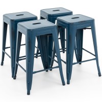 Vogue Furniture Direct 24 Inch Metal Bar Stools, Backless Counter Height Barstools, Indoor Outdoor Stackable Stools With Square Seat, Set Of 4 (Distressed Deep Blue)
