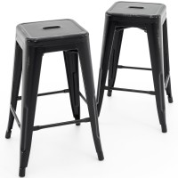 Vogue Furniture Direct 24 Inch Metal Bar Stools, Backless Counter Height Barstools, Indoor Outdoor Stackable Stools With Square Seat, Set Of 2 (Distressed Black)
