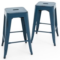 Vogue Furniture Direct 24 Inch Metal Bar Stools, Backless Counter Height Barstools, Indoor Outdoor Stackable Stools With Square Seat, Set Of 2 (Distressed Deep Blue)