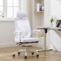 Qulomvs Mesh Ergonomic Office Chair With Footrest Home Office Desk Chair With Headrest And Backrest 90-135 Adjustable Computer Desk Chair With Wheels 360 Swivel Task Chair(Pure White)