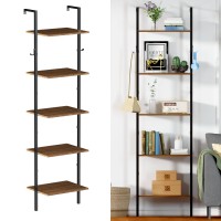 5 Tier Ladder Shelf With 2 Hooks, Modern Metal Wood Bookcase Shelf, Wall Mounted Bookshelf, Standing Display Storage Organizer For Home, Office, Kitchen, Living Room, Bedroom