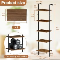 5 Tier Ladder Shelf With 2 Hooks, Modern Metal Wood Bookcase Shelf, Wall Mounted Bookshelf, Standing Display Storage Organizer For Home, Office, Kitchen, Living Room, Bedroom