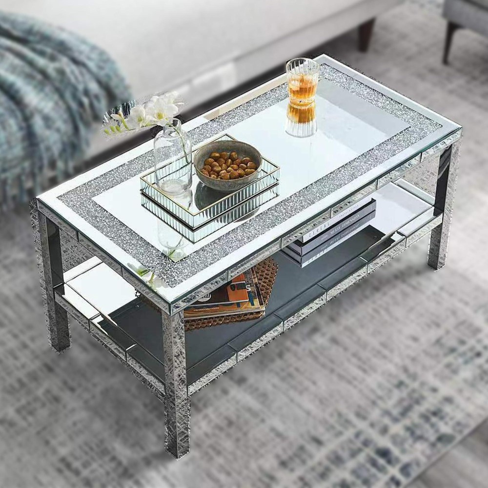 Olodumare Elegant 2 Tiers Of Shiny Silver Mirrored Coffee Table, Crystals Inlay,And Stainless Steel Frame,Modern Rectangle Cocktail Table/End Table For Living Room And Kitchen, 35 Inches