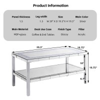 Olodumare Elegant 2 Tiers Of Shiny Silver Mirrored Coffee Table, Crystals Inlay,And Stainless Steel Frame,Modern Rectangle Cocktail Table/End Table For Living Room And Kitchen, 35 Inches