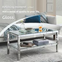 Olodumare Elegant 2 Tiers Of Shiny Silver Mirrored Coffee Table, Crystals Inlay,And Stainless Steel Frame,Modern Rectangle Cocktail Table/End Table For Living Room And Kitchen, 35 Inches