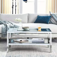 Olodumare Elegant 2 Tiers Of Shiny Silver Mirrored Coffee Table, Crystals Inlay,And Stainless Steel Frame,Modern Rectangle Cocktail Table/End Table For Living Room And Kitchen, 35 Inches