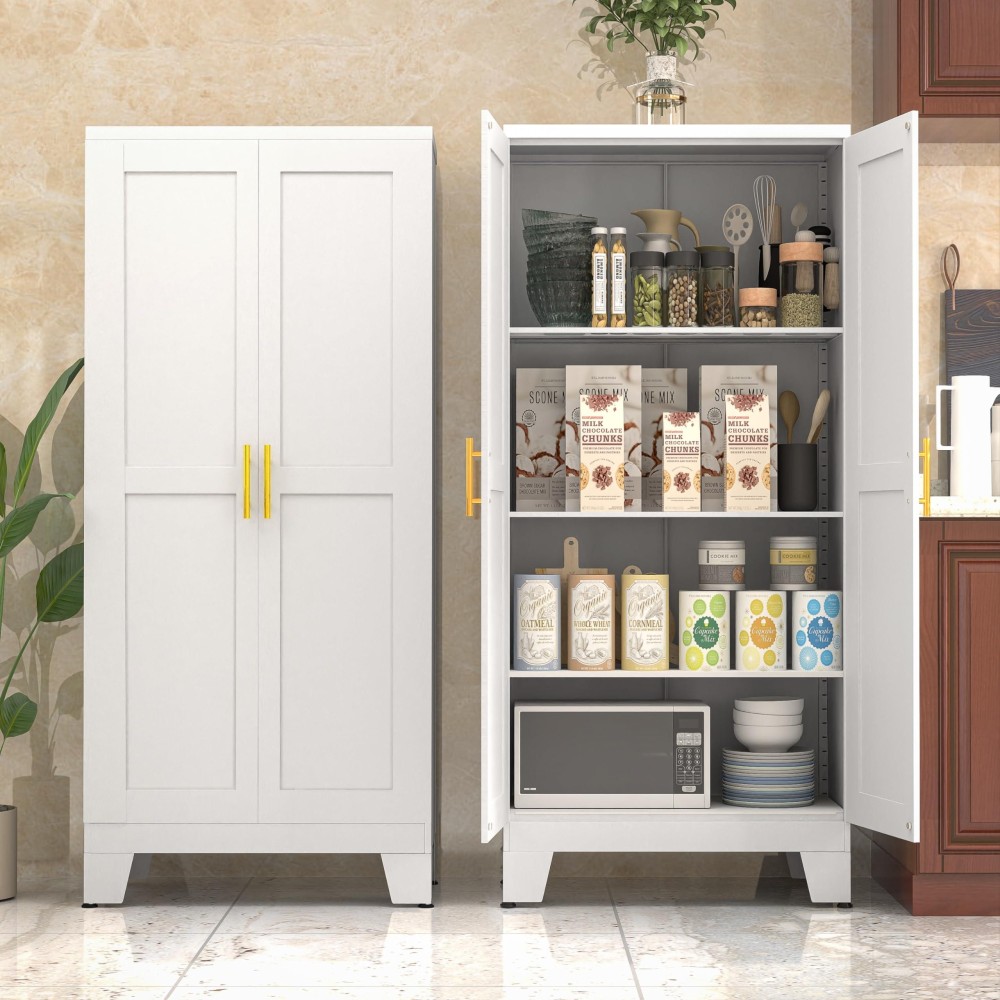 Paofin White Metal Kitchen Storage Cabinet Kitchen Pantry Storage Cabinet With Doors And Shelves Storage Cabinet With Adjustab