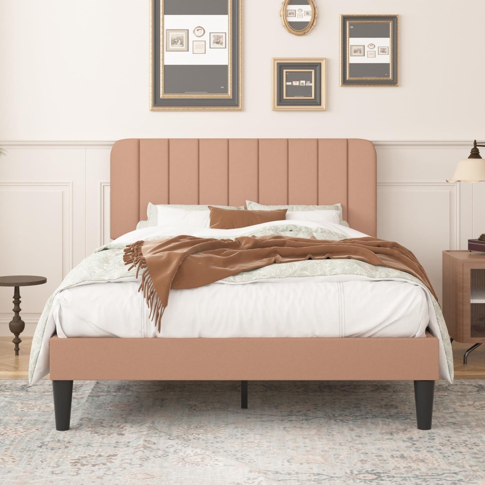 Vecelo Queen Size Bed Frame With Adjustable Headboard Velvet Heavy Duty Platform Beds With Strong Wood Slats Support No Box Sp