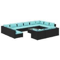 Vidaxl 14-Piece Patio Lounge Set With Cushions - Outdoor Poly Rattan Furniture, Black With Water Blue Cushions - Modular Design For Versatile Arrangements