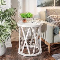 COZAYH Rustic Farmhouse End Table, Small Round Side Table with X-Motifs Legs, Wood Textured Top, for Boho, French Country Decor, Antique White