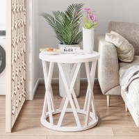 COZAYH Rustic Farmhouse End Table, Small Round Side Table with X-Motifs Legs, Wood Textured Top, for Boho, French Country Decor, Antique White