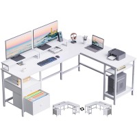 Furologee White 66 L Shaped Desk With Shelves Reversible Corner Computer Desk With File Drawer Dual Monitor Stand Large Ho