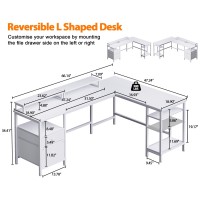 Furologee White 66 L Shaped Desk With Shelves Reversible Corner Computer Desk With File Drawer Dual Monitor Stand Large Ho