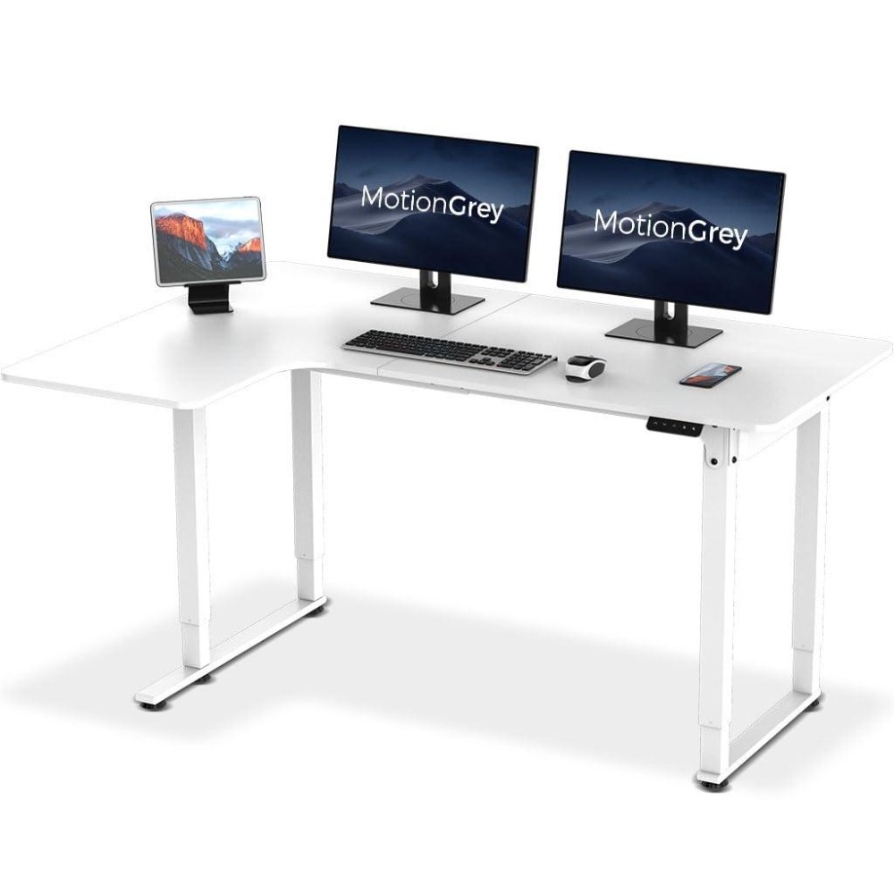 Motiongrey - Electric Motor Height Adjustable Standing Desk, L Shaped Standing Desk, L Shape Corner Desk, Adjustable Computer Sit Stand Desk Stand - L Shape Desk With 63 Inch Table Top (White)