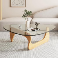 Midcentury Modern Coffee Table Triangle Glass Top Natural Wood Base Triangle Coffee Table For Living Room Patio Office Abstra