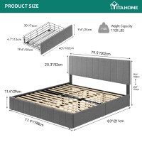 Yitahome King Size Bed Frame, Upholstered Bed Frame With 4 Storage Drawers, Adjustable Headboard Platform Bed Mattress Foundation With Sturdy Wood Slat Support, No Box Spring Needed, Grey