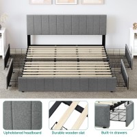 Yitahome King Size Bed Frame, Upholstered Bed Frame With 4 Storage Drawers, Adjustable Headboard Platform Bed Mattress Foundation With Sturdy Wood Slat Support, No Box Spring Needed, Grey