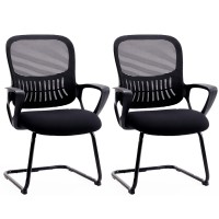 Desk Chair No Wheels Set Of 2, Mid Back Computer Chair Ergonomic Mesh Office Chair With Larger Seat, Executive Sled-Base Task Chair With Lumbar Support And Armrests For Women Adults, Black