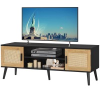 Iwell Rattan Tv Stand For 55 65 70 Inch Tv, Entertainment Center With Adjustable Shelf & 2 Cabinets, Tv Stands For Living Room, Bedroom, Natural + Black
