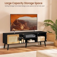 Iwell Rattan Tv Stand For 55 65 70 Inch Tv, Entertainment Center With Adjustable Shelf & 2 Cabinets, Tv Stands For Living Room, Bedroom, Natural + Black