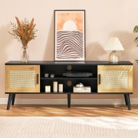 Iwell Rattan Tv Stand For 55 65 70 Inch Tv, Entertainment Center With Adjustable Shelf & 2 Cabinets, Tv Stands For Living Room, Bedroom, Natural + Black