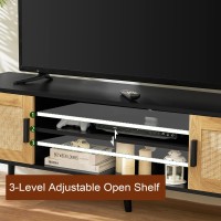 Iwell Rattan Tv Stand For 55 65 70 Inch Tv, Entertainment Center With Adjustable Shelf & 2 Cabinets, Tv Stands For Living Room, Bedroom, Natural + Black