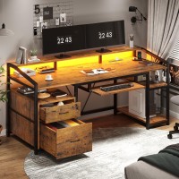 Sedeta 63 Computer Desk Office Desk With Lock Drawers For Legalletter File Gaming Desk With Led Light Power Outlet Home