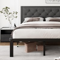 Ipormis Full Size Metal Bed Frame Linen Platform Bed Frame With Button Tufted Headboard 12 Underbed Space Steel Slats Suppo