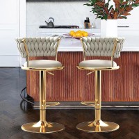 lirrebol Velvet Adjustable Bar Stools Set of 1/2/3/4 Swivel Counter Height Barstools with Back Modern Upholstered Bar Stool Chairs with Gold Base Footrest for Kitchen Island/Pub/Bar, Off White